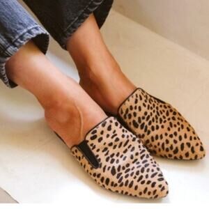 Jenni Kayne Cheetah Print Fur Mules Animal Print Slip-On Flats Sz 36